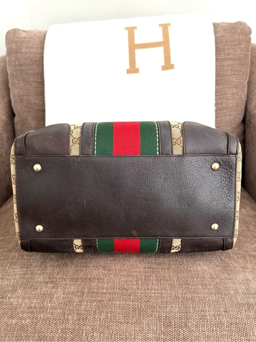 Authentic Gucci brown monogram canvas Boston satchel bag red green accents